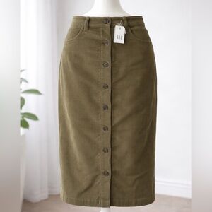 GAP Corduroy Button Front Skirt Olive Green Size XS